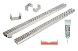 Entwässerungsrinne, Poolrinne, Terrassenrinne Edelstahl 1 Meter superflach V4A stream Set 1 Inhalt: 1 Rinne superflach mit Ablaufstutzen, 1 Rinne superflach ohne Stutzen, 2 Stirnwände, 1 Verbinder, 1 Schnurwasserwaage, 1 Kleber/Dichtmittel
