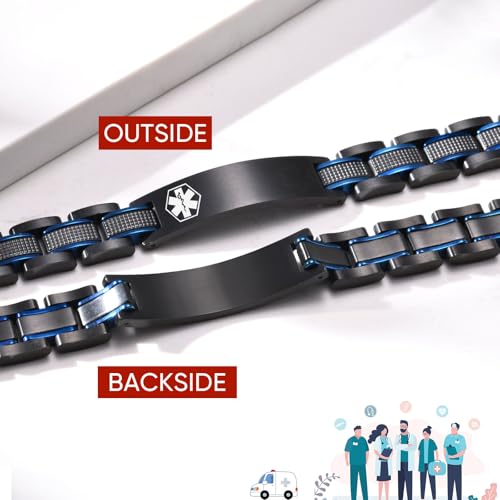 Free Custom Engraving Medical ID Bracelet 2-tone Blue Black Titanium Steel Heavy Masculine Elaborate Men's Medical Alert Bracelet Wristband Jewelry for Dad Customizable & Waterproof2