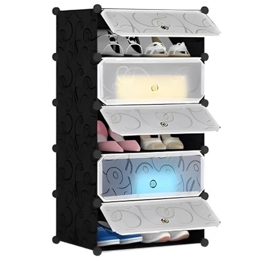 Image of Zemic DIY Plastic Shoe Rack for Home - PP Plastic Shelves with 5 Doors, Ideal for Heels /Shoes in Entryway, Hallway, Bedroom, Living Room (Black, 5-Shelf)