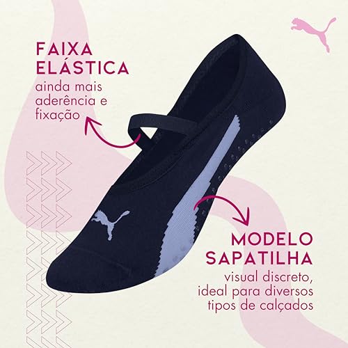 Kit 3 Pares Meia Sapatilha Puma Antiderrapante Pilates Feminino Adulto, 1 Preto - 1 Marinho - 1 Pret