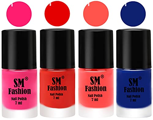 Image of Nail Polish Combo Set (Pack of 4) Quick Dry Gel Finish Nail Paint | Deep Pink,Fire Orange,Baby Pink,Blue | 7 ml Each