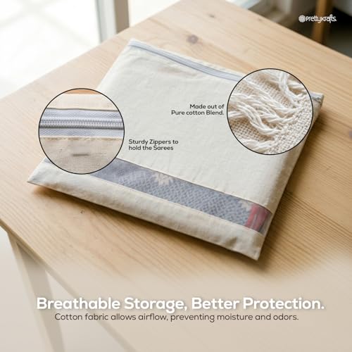 Image of PrettyKrafts Cotton Saree Bags /Covers For Storage Set Of - 24 Big Size Single (16 X 15 Inches) With Zip Closure For Clothes Bags And Wardrobe Organizer With Transparent Mesh Window