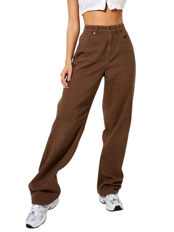 Image of DEELMO Women's High Waist Wide Leg Denim Jeans for Women | Straight Fit Full Length Casual Wear Pants