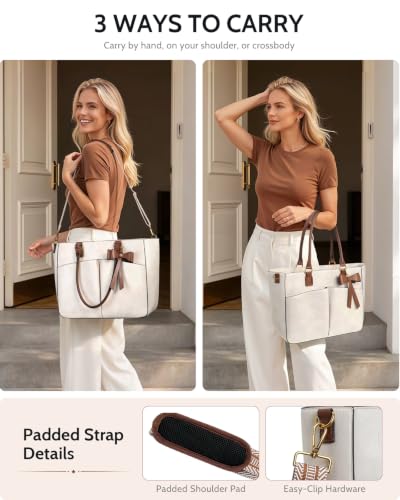 Image of Laptop Tote Bag for Women, Leather Work Tote with Padded Laptop Compartment, Cup Holder, Office Computer Briefcase