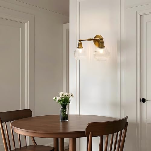Image of Industrial Double Armed Glass Wall Sconce with Clear Striped Globe Shade, Indoor 2-Light Wall Vanity Light Fixture Hardwired for Bathroom Farmhouse Living Room Bedroom