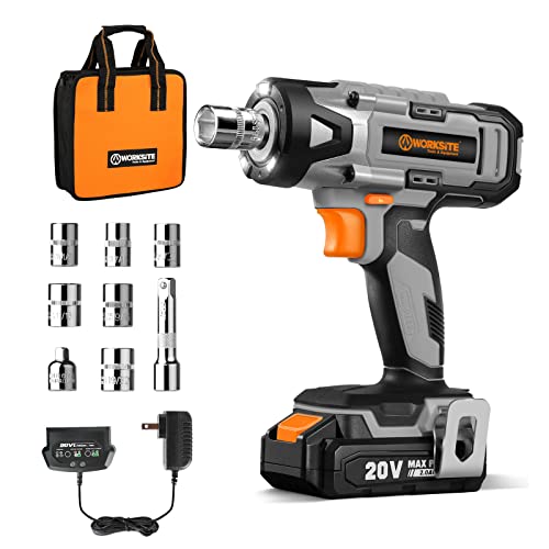 WORKSITE 20V Cordless Impact Wrench 3/8 Inch, Impact Gun with 2.0A Li-ion Battery, Charger, 8Pcs Driver Impact Sockets, 3/8´´ to 1/4´´ Adaptor & Extension Bar, Grey