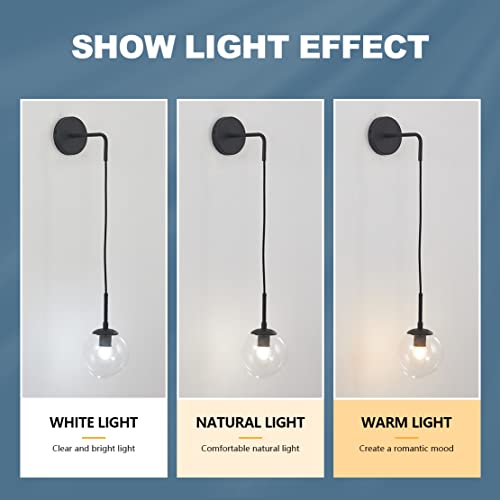 Image of BOKT Mid Century Modern Black Wall Sconce Light Clear Glass Globe Ball Wall Lighting Minimalist Adjustable Bedside Wall Lamp 1-Light Vanity Bathroom Wall Light Fixture (Black+Clear)