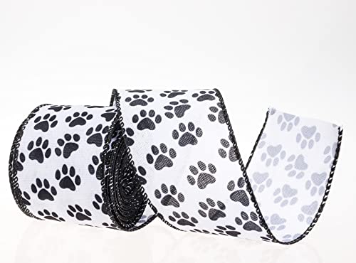 Yaseo Dog Paw Print Wired Edge Ribbon, White And Black Animal Pattern Print Ribbon For Wreaths, Wrapping, Crafting And Home Party Decorations, 2.5 Inches X 10 Yards #TOP3