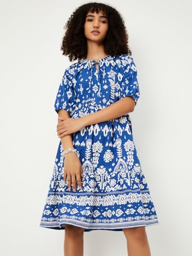 Image of Max Women's Half Sleeves Spread Collar Cotton Printed A-line Dress