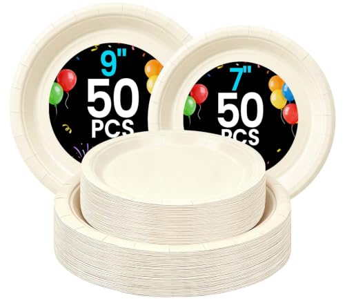 Cream Paper Plates - Disposable Ivory Plates for Party, 50-9" & 50-7"