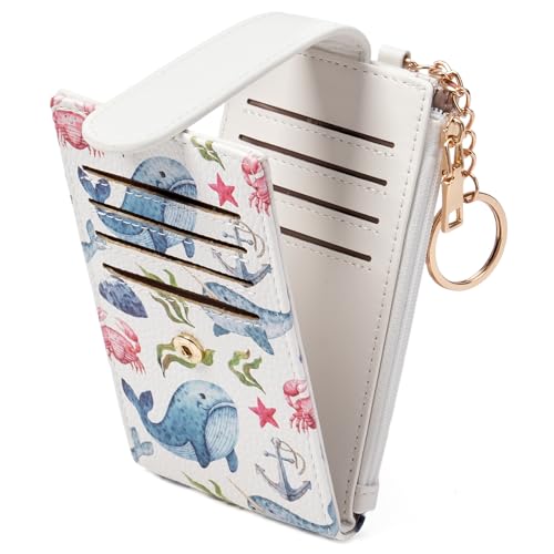 Image of GOIACII RFID Slim Card Holder Wallet with ID Window Thin Bifold Wallet for Womens Zipper Coin Pocket Whale Print
