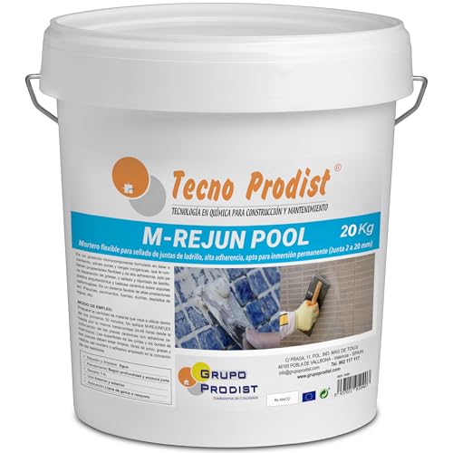 Tecno Prodist - M-REJUN POOL (20 Kg) Mortero flexible para sellado de juntas de baldosas y gresite en piscinas, ceramica, ladrillo, etc, apto para inmersión permanente (Junta 2 a 20 mm) Blanco