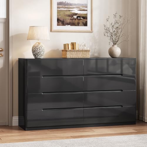 Image of Black Dresser for Bedroom, 47.2 inch Wide 8 Drawer Dresser, Modern High Gloss Dresser Chest of Drawers, Wooden Dressers Organizer for Bedroom, Closet