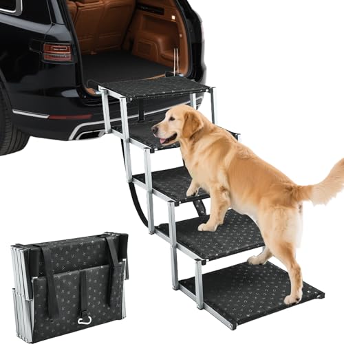 Saker Foldable Dog Ramp for Cars SUVs Trucks Portable Pet Dog Stairs with Non-Slip Surface & Reinforced Design Lightweight Yet Sturdy Supports Up to 200lbs (Extra Wide-5 Pet Steps)