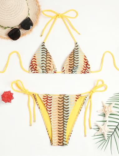 Image of ZAFUL 2 Piece Triangle Bikini for Women Knitted Rope Halter Bikini Sets Sexy Bathing Suit Side Tie Swimsuits Beachwear