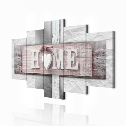 decomonkey Bilder Home Haus 150x75 cm XXL 5 Teilig Leinwandbilder Bild auf Leinwand Wandbild Kunstdruck Wanddeko Wand Wohnzimmer Wanddekoration Deko Textur rosa grau
