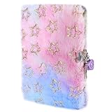 fancy n fluffy Girls Diary with Lock, Plush Journal with Lock and Key for Kids Girl, Fuzzy Notebook with Lock (Pink Star)