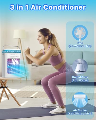 Portable Air Conditioner, 4-in-1 Evaporative Air Cooler, Personal Cooling Fan with 3 Speeds, 2 Mist Modes, 7 LED Night Light, 2-4H Timer, Quiet Mini Air Cooler for Bedroom Office C image 5