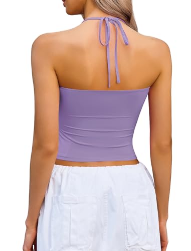Image of Avidlove Halter Tops for Women Going Out Double Lined Sexy Crop Tank Top Ruched Slim Fit Cami Y2K Outfits Womens Summer Tops