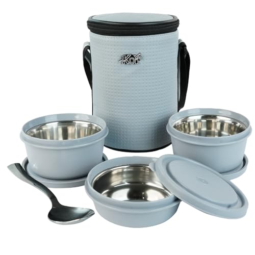 Image of KOI Insulated Lunch Box Set | 3 Inside Steel Containers (290ml, 450ml, 600ml) with BPA Free Lids | Leakproof Microwave Safe Tiffin | Adjustable Shoulder Strap Lunch Bag for Office Travel Use (Grey)
