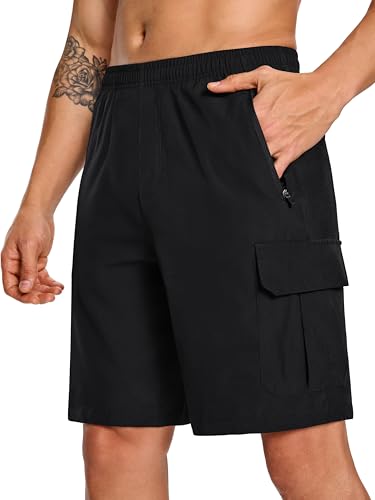 Quazia Men's Cargo Shorts – 5 Zipper Pockets Quick Dry Lightweight Slim Fit 7-Inch Inseam for Hiking Work Casual Golf Summer Athletic Stretch Elastic Waist Gym Workout, Black, L