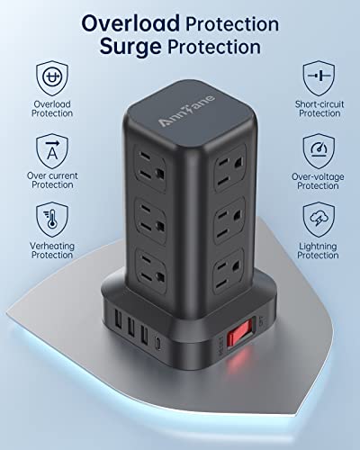 Anntane Surge Protector Power Strip 10 Ft Cord, Power Strip Tower With 4 Usb Ports (1Usb C), Extension Cord With 12 Ac Multiple Outlets, Home Office Supplies Desk Accessories, Dorm Room Essentials #TOP3