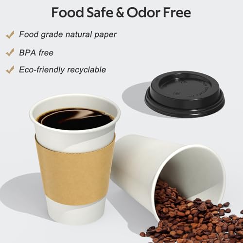image for Dealusy 100 Pack 12 oz Disposable Coffee Cups with Lids and Sleeves, S