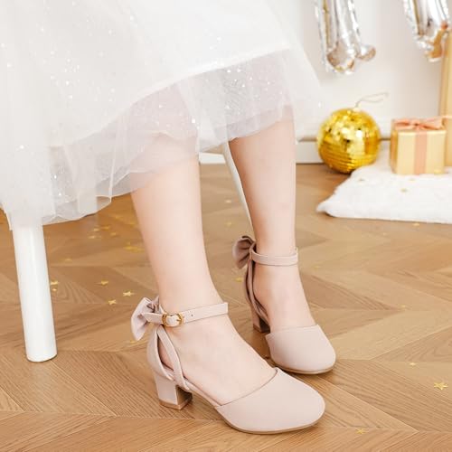 Image of Girls Heels Dress Shoes Flower Girl Pumps with Cute Bow Closed Toe | Princess Shoes,High Heels,Chunky Heel,Adjustable Buckles,Toddler,Little Girl,Big Kid,Wedding,Birthday Party,Formal,Pageant