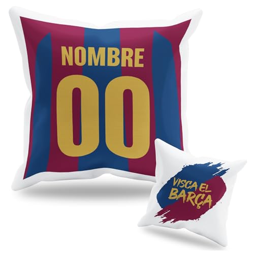 Cojín Personalizado Fútbol   Diseño Doble Cara con Relleno Incluido   Regalo Original Aficionados del Fútbol   Regalo Camiseta Equipo Fútbol   Apto para Lavadora (Barcelona, 35 x 35 cm)