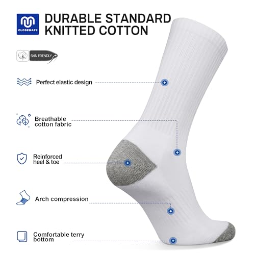 CLOSEMATE 6 Pairs Men's Cushion Crew Calf Socks Wicking Athletic Cotton Socks for Sport Training Work (6White, 10-13(L)) - Image 2