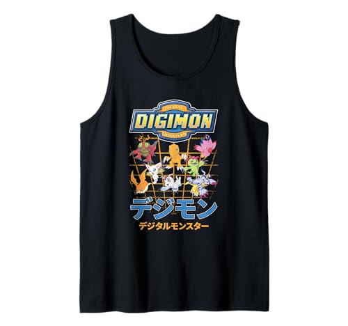 Digimon Character Grid with Kanji and Logo Digital Monsters Tank Top