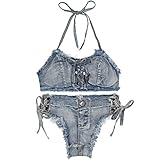 Women's 2 Pieces V Neck Bikini Swimsuits Set Sexy Jeans Set Low Waist Halter Jeans Sets Blue