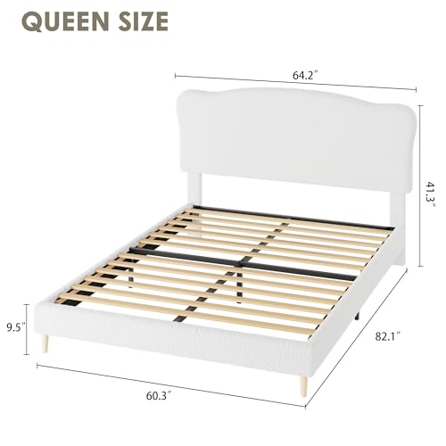 Image of GarveeHome Queen Size Bed Frame with Upholstered Headboard, Soft Low Profile Sturdy Platform Bed with Rounded Corners Design, Heavy Duty, Wooden Slats, Noise Free, No Box Spring Needed, White