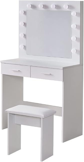 TUKAILAi White Dressing Table Set with Hollywood LED Lights, Mirror, 2 Large Drawers and Stool Vanity Makeup Table with Adjustable 3 Color LED Lights for Bedroom Girl Women