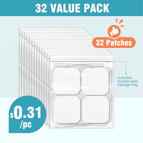 Image of 32PCS TENS Unit Pads (2 inchx2 inch), Reusable Self-Adhesive Electrodes Pads with 0.2mm Connector, Latex-Free, Hypoallergenic & Compatible with TENS /EMS