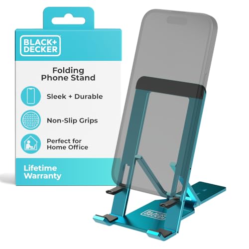 BLACK+DECKER Phone Stand for Desk - Folding Cell Phone Stand Holder - Adjustable and Portable, Folds Down Flat - for Office, Gaming, Bed, Travel - Phone Kickstand Compatible with iPhone (Loch Ness)
