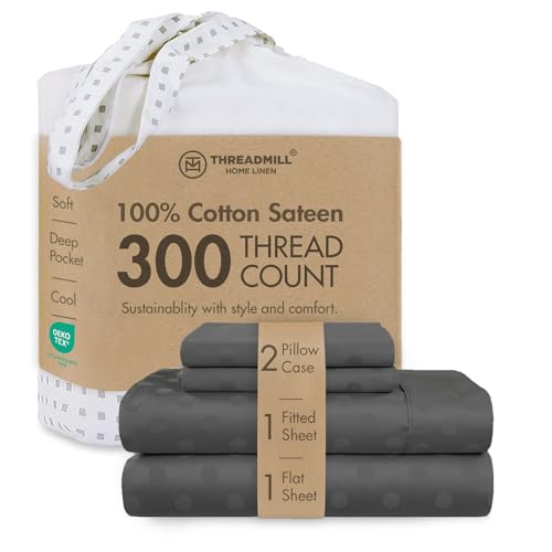 Image of Threadmill 300TC Cotton Full Sheet Set, Sateen, Jacquard, Dark Grey | 100% Cotton, Sateen Weave, Jacquard Pattern, 4-Piece Set, 16 inch Deep Pocket, Cooling, OEKO-TEX Certified, Machine Washable
