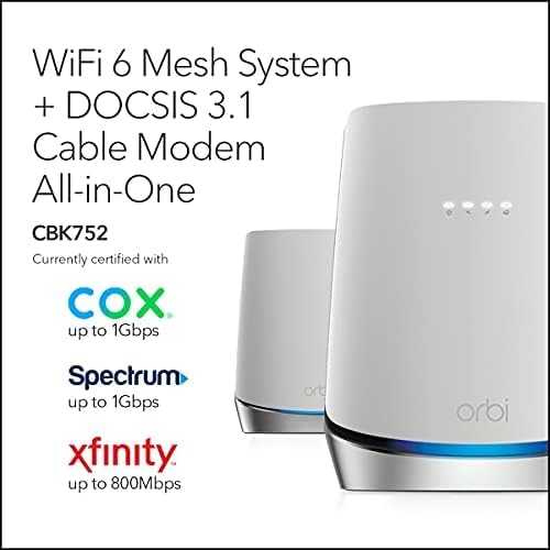 NETGEAR Orbi Whole Home WiFi 6 System with DOCSIS 3.1 Built-in Cable Modem (CBK752) – Cable Modem Router + 1 Satellite Extender | Covers up to 5,000 sq. ft. 40+ Devices | AX4200 (Up to 4.2Gbps)