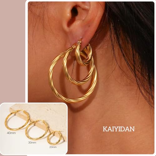 Gold/Silver Hoop Earrings For Women Set,14k Gold Plated Twisted Hoop Earings Trendy,30mm Big/Large Dangle Twist Hoops Pack,Dainty Jewelry Gift. by KAIYIDAN - Image 2