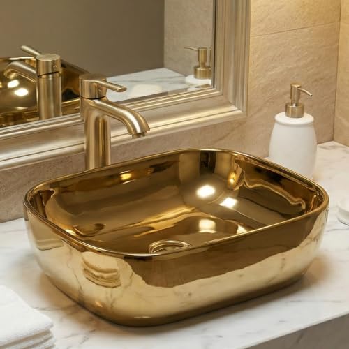 Image of BASSINO 18x13x5.5 Inches Table Top Washbasin /1 Year Warranty /Ceramic Wash Basin for Bathroom /Rectangular Counter Top Wash Basin for Restaurant /Dining Hall /Living Room /Tabletop Sink(Glossy Golden)