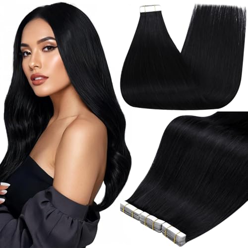 Full Shine Tape In Hair Extensions Human Hair, Jet Black 24 Inch