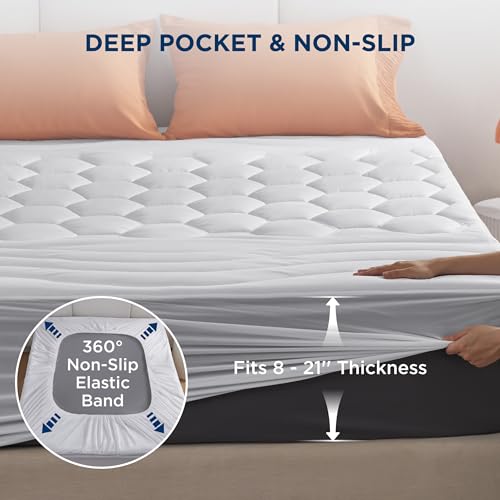 Bedsure Queen Mattress Pad - Quilted Fitted Mattress Topper Protector with 8-21 Inches Deep Pocket, Noiseless Breathable Bed Cover Padded, Machine Washable, White, 60x80 Inches