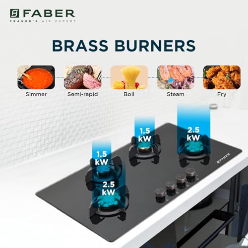 Image of Faber 4 Burner 90cm Hob /Cooktop Hybrid | Auto-Ignition| Metal Knobs|Cast Iron Pan Support|Black Glass Finish |5 Yrs Warranty on Glass,Valve & 2 Yrs on Burner by Faber| HOB PRIME HT904 CRS BR CI AI IN
