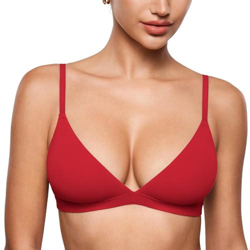 INLYRIC Women's Inbarely Triangle Bralette Plunge Unlined Seamless Bra No Underwire Sexy Comfortable Everyday Lipstick Red Large