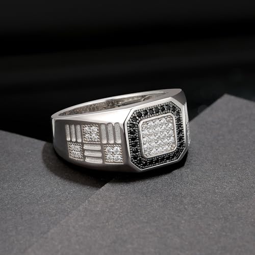 Mens Wedding Band Pave 5A Black and White Cubic Zirconia 925 Sterling Silver Round Cut 14K White Gold Plated Promise Ring For Him Size 7-143