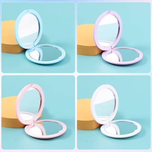 Set di 4 Specchietti da Borsetta a Doppia Faccia in Colori Tenui Azzurro, Viola Chiaro, Bianco, Rosa, Specchio Portatile Compatto, Ideale per Uso Quotidiano e Viaggio