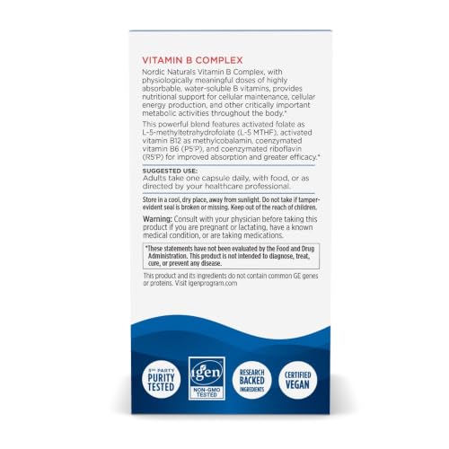Image of Nordic Naturals Vitamin B Complex, Energy Metabolism - 45 Capsules | 8 essential B vitamins: B1 Thiamine, B2 Riboflavin, B3 Niacin, B6, B12, B9 Folate, B7 Biotin, B5 Pantothenic Acid. Non-GMO