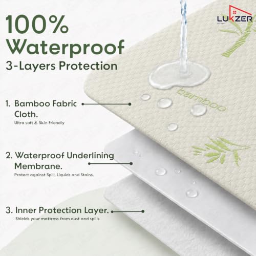 Image of Lukzer 100% Waterproof Natural Bamboo Mattress Protector Queen Size 72 inch x 60 inch inch | 360 Elasticated fit, Breathable, Hypoallergenic, Noiseless, Ultra-Soft Fitted Bed Protector /Deep Pocket Bed Cover
