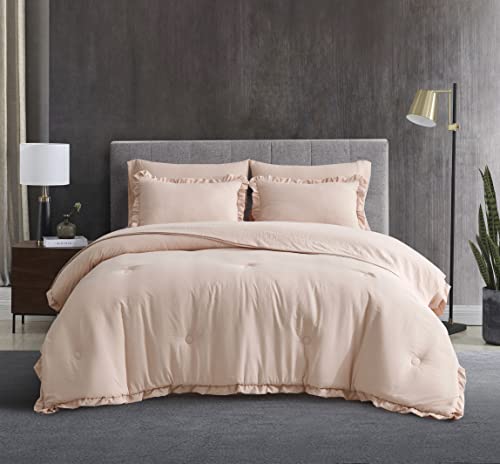 Chezmoi Collection Eleanora Queen Bed In A Bag 7-Pieces Ruffled Edge Trim Soft Washed Double Brushed Microfiber Comforter With Sheets Lightweight All Season Bedding Set (Queen, Blush Pink) #TOP6