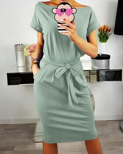 Image of PRETTYGARDEN Women's Summer Short Sleeve Crewneck Striped Dress Basic Solid Tie Waist Office T Shirt Dresses Pockets